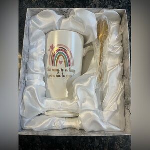 Ceramic White Mug with Pink and Teal Rainbow Accent and Gold Spoon